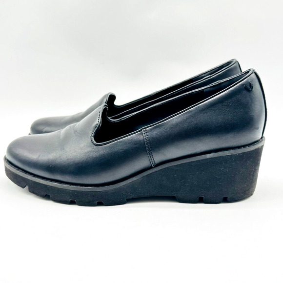 Vionic Shoes Womens 9 Black Leather Wedge Heels Slip On Comfort Orthotic Willa - Picture 2 of 10